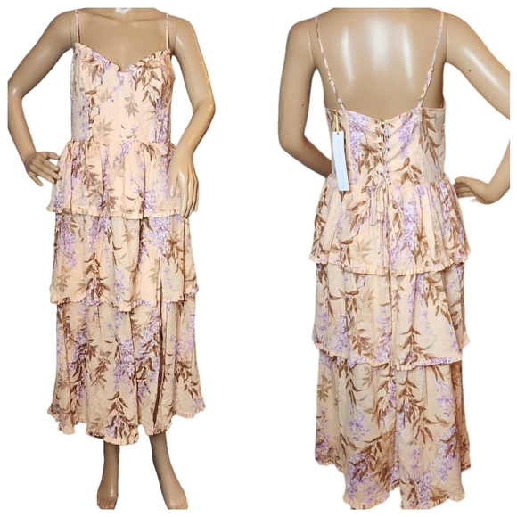 NWT House of Harlow Corset Tiered Linen/Rayon. Peach/Lavender Midi Dress. Medium - Picture 1 of 15